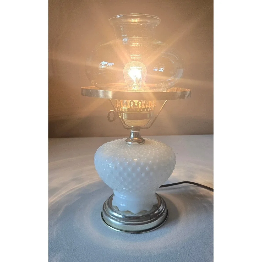 Vintage Hobnail‎ Milk Glass Electric Hurricane Lamp White Glass Brass Accent
